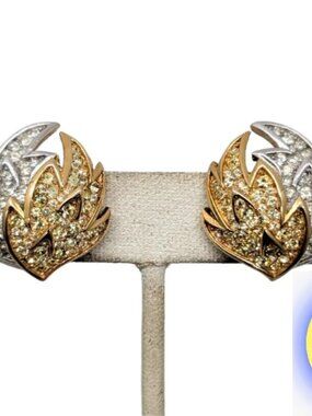 Vintage Signed Crown Trifari Pave Clear & Faux-Citrine Clip Earrings